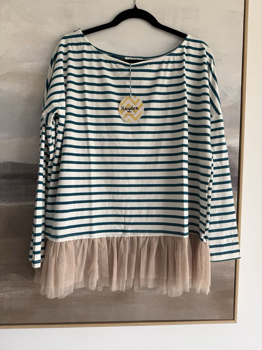 Hayden Los Angeles Women's Sz M Aqua Ivory Striped Oversized Top w/ Ruffles